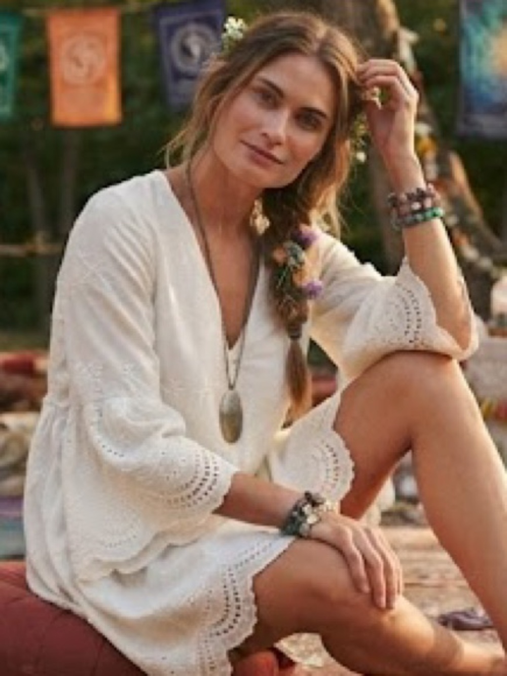Boho Chic White Eyelet Embroidered V-Neck CottonTop Tunic Dress with Lining  👗